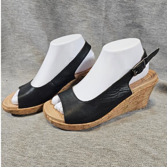 Crocs Womens A Leigh Cork Wedge Sandals Slingback Peep-Toe Black Faux Leather S7 - Picture 1 of 7